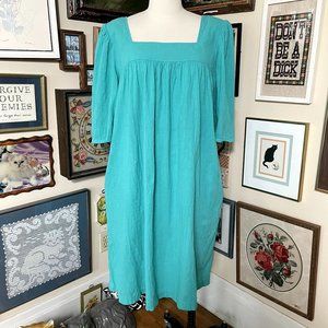 80s Vintage Plus Size Silhouettes Blue Green 100% Cotton Comfy Patio Dress 1X